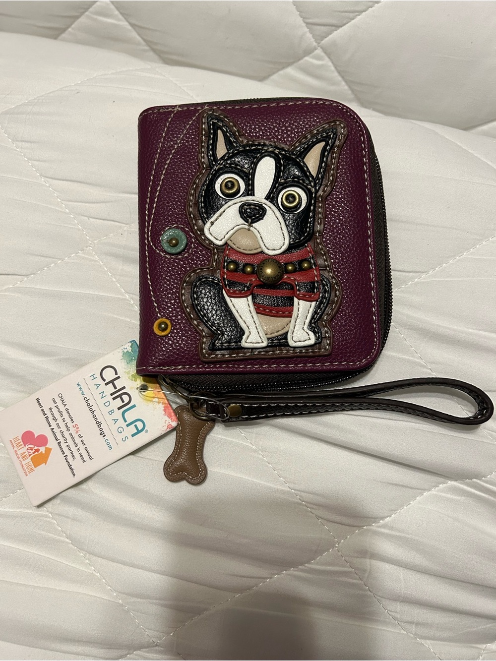 Chala Plum Zip-Around Wristlet Wallet with Boston Terrier Applique NWT